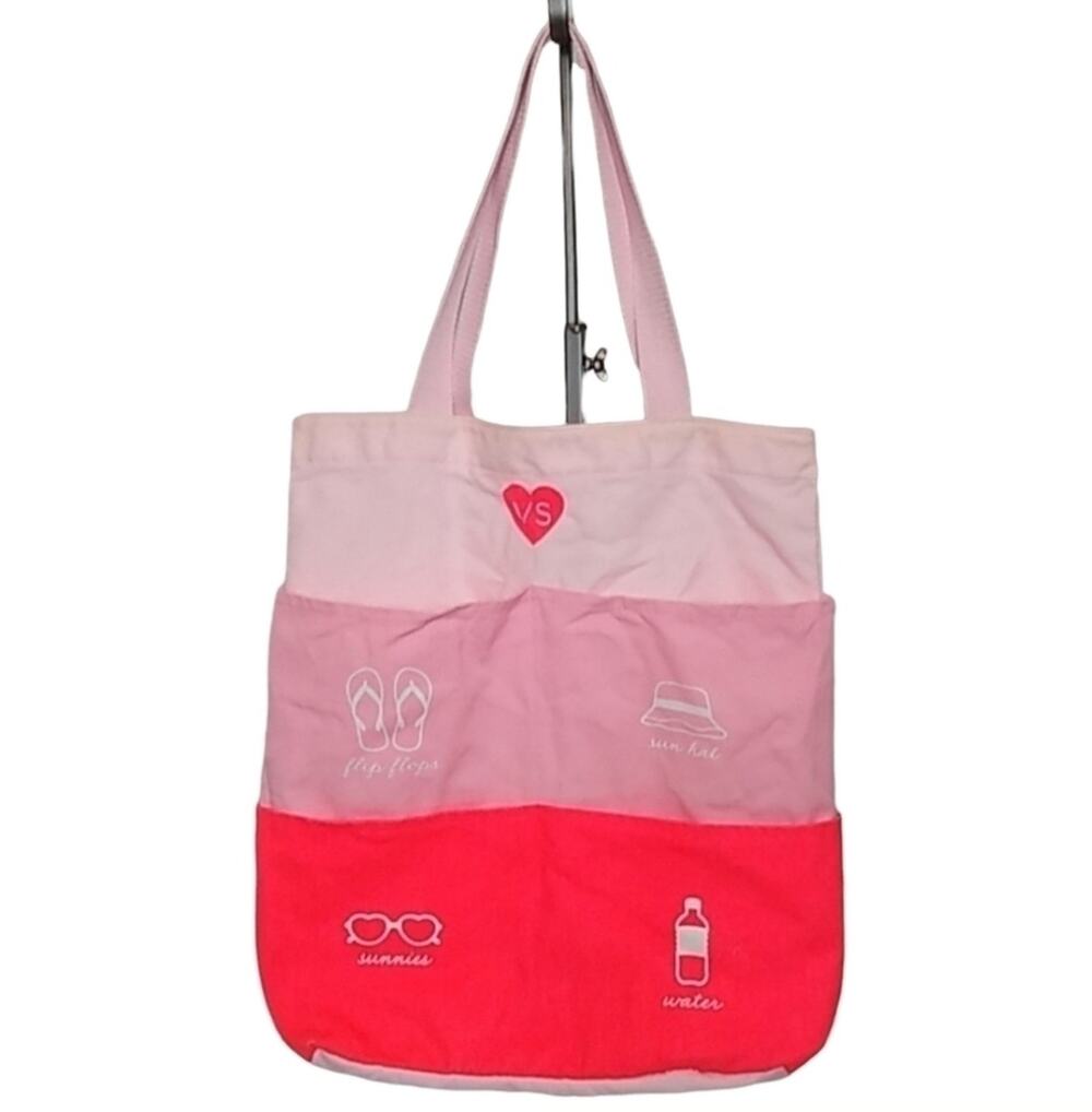Victoria's Secret Pink Color Block Canvas Beach Pool Tote Bag Labeled Pockets